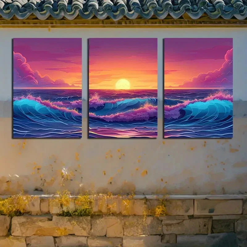 3pcs Ocean Sunset Series, Abstract Sea at Dusk Metal Print Ready to Hang Art