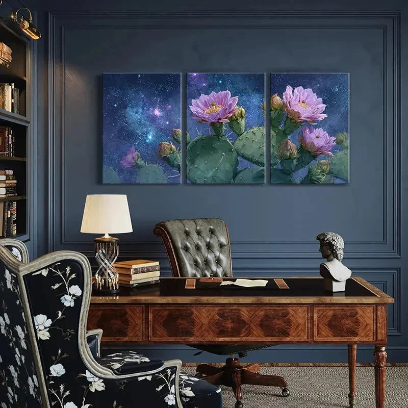 3pcs Set of Vibrant Cactus Flower Cosmic Theme Metal Print Ready to Hang Art