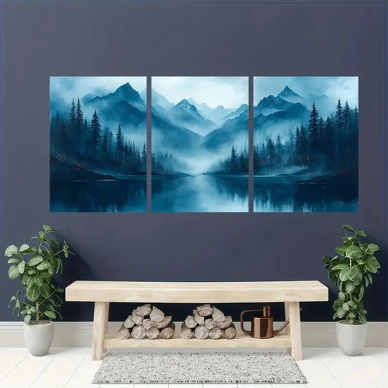 3pcs Mountain & Emerald Green Forest Landscape Metal Print Ready to Hang Art