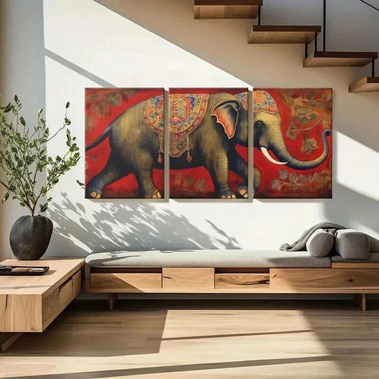 3pcs Elephant Indian Style on Vintage Red Wall Art Set Canvas Framed 40x60cm - High Quality Print 100% Australian Made Wall Canvas Ready to Hang