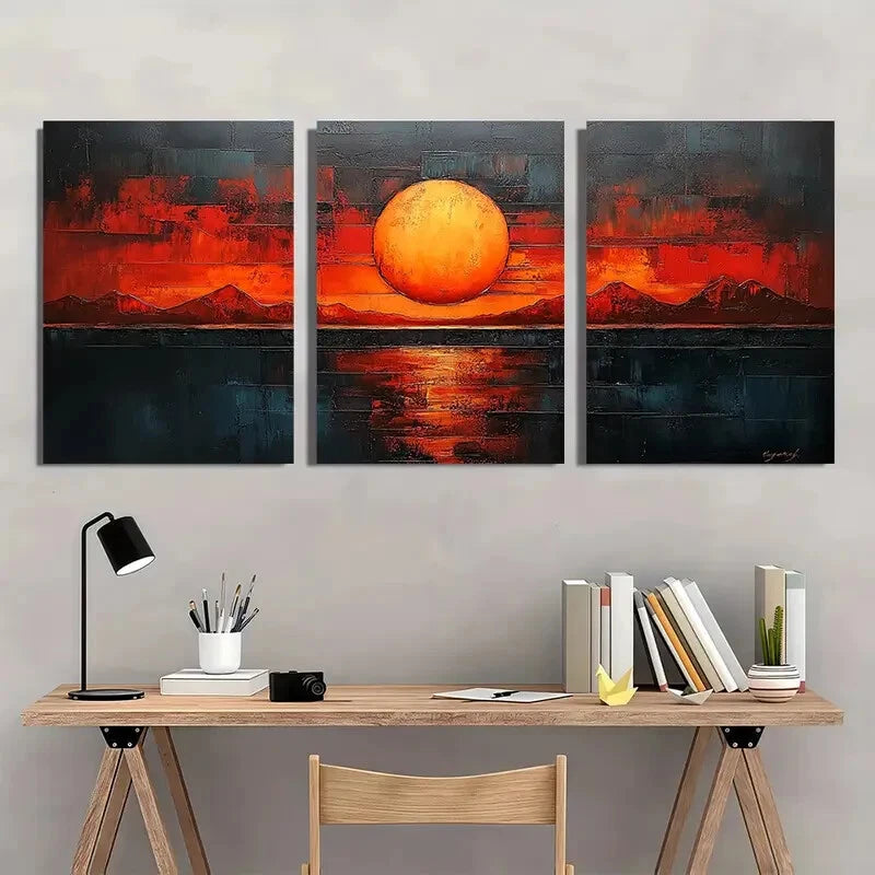 3pcs Abstract Sunset Beige & Brown Geometric Metal Print Ready to Hang Art
