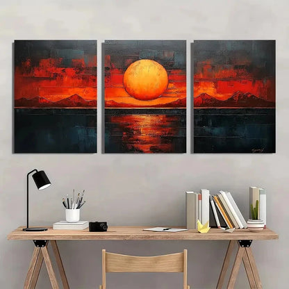 3pcs Abstract Sunset Beige & Brown Geometric Metal Print Ready to Hang Art