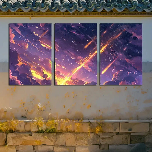 3pcs Vibrant Clouds with Asteroids Illustration Metal Print Ready to Hang Art