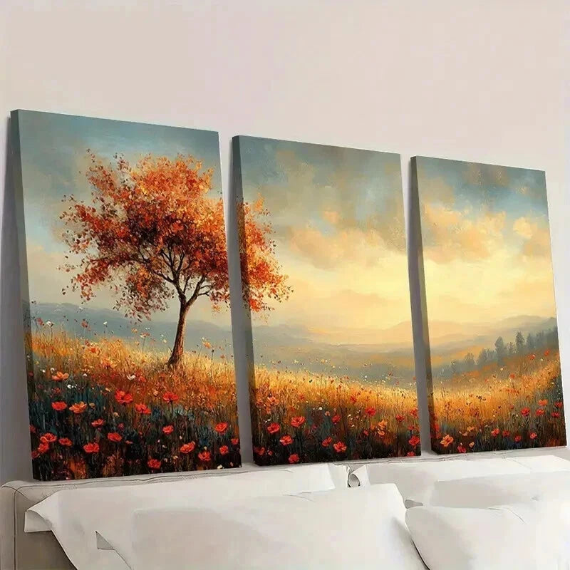 3pcs Landscape Painting with Trees Wildflowers Wall Art Set Canvas Framed 40x60cm - High Quality Print 100% Australian Made Wall Canvas Ready to Hang