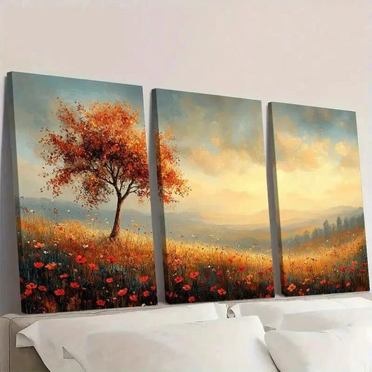3pcs Landscape Painting with Trees Wildflowers Wall Art Set Canvas Framed 40x60cm - High Quality Print 100% Australian Made Wall Canvas Ready to Hang