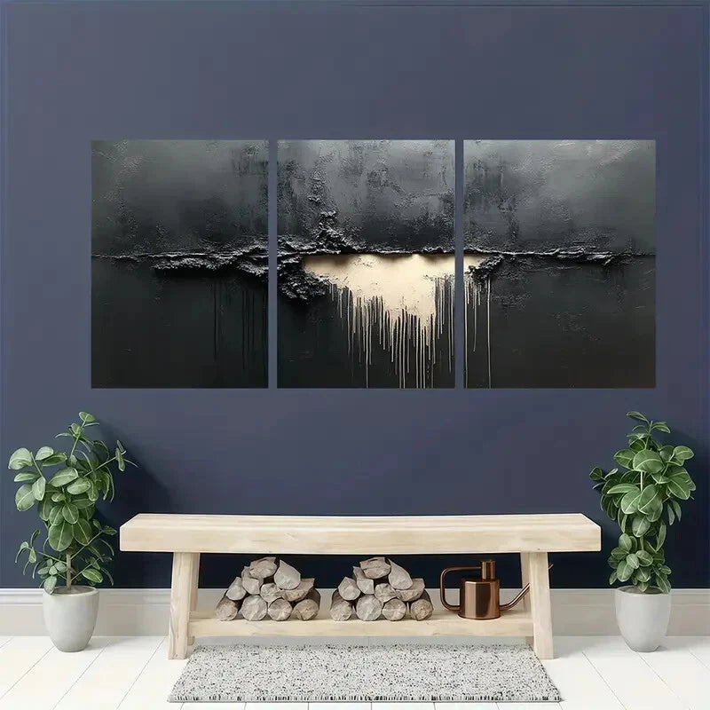 3pcs Black and Grey Abstract Paintings Metal Print Ready to Hang Art