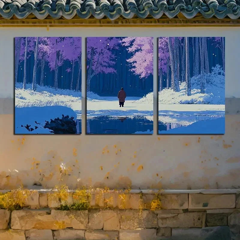 3pcs Person in the Forest Winter Scene Metal Print Ready to Hang Art