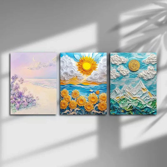 3pcs Sun Flower Beach Scene Painting Metal Print Ready to Hang Art