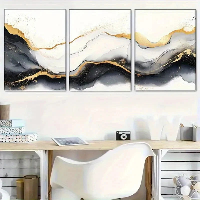 3pcs Abstract Ink Black White and Golden Metal Print Ready to Hang Art