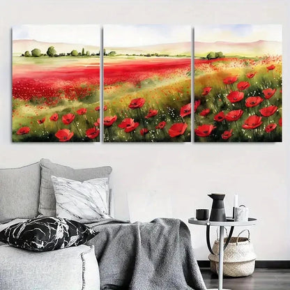 3pcs Vibrant Red Poppy Field Watercolor Metal Print Ready to Hang Art