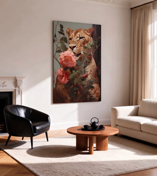 Lioness and Rose Garden Painting Vintage 40x60cm Metal Print Ready to Hang