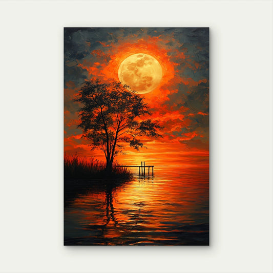 Crimson Moon Night Landscape Oil Painting 40x60cm Metal Print Ready to Hang