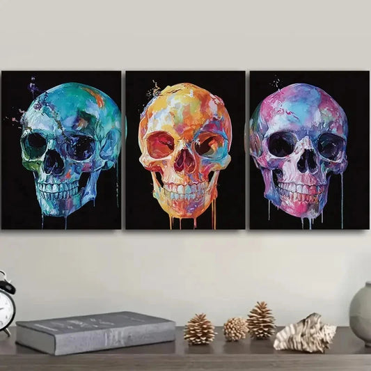3pcs Modern Skull Paintings Contemporary Metal Print Ready to Hang Art
