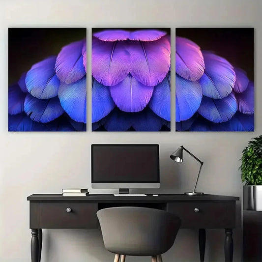 3pcs Elegant Purple Hen Feather Macro Photograph Wall Art Set Canvas Framed 40x60cm - High Quality Print 100% Australian Made Wall Canvas Ready to Hang