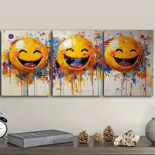 3pcs happy yellow joyful faces Wall Art Set Canvas Unframed - High Quality Print 100% Australian Made Wall Canvas