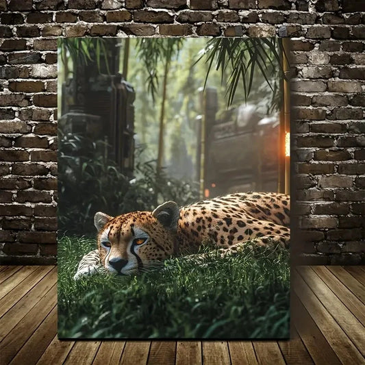 Steampunk Cheetah in Bamboo Grove Painting 40x60cm Metal Print Ready to Hang