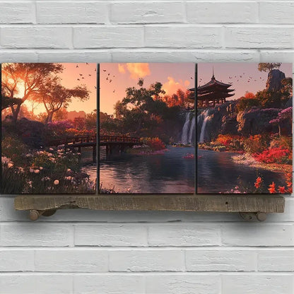 3pcs Waterfalls And Wooden Bridges Metal Print Ready to Hang Art