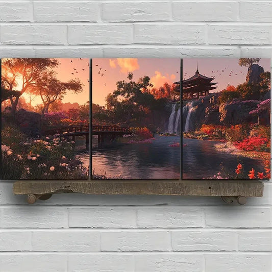 3pcs Waterfalls And Wooden Bridges Metal Print Ready to Hang Art