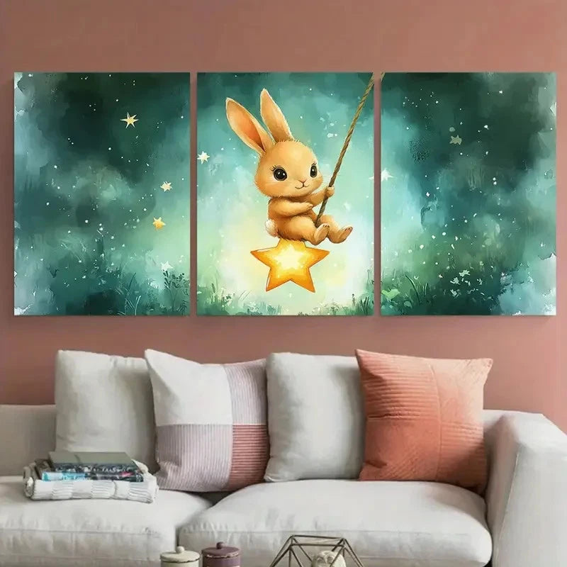 3pcs Cute Cartoon Bunny Rabbit Swinging on Star Metal Print Ready to Hang Art