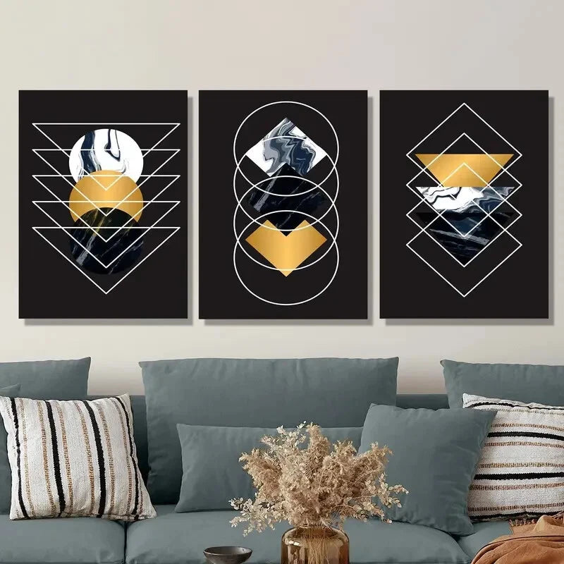3pcs Luxurious art, geometric circle triangle Metal Print Ready to Hang Art