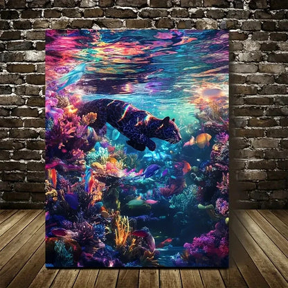 Vibrant Fantasy Panther Underwater Scene Painting 40x60cm Metal Print Ready to Hang