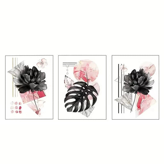 3pcs Pink, Gray, Black Abstract Floral  Wall Art Set Canvas Framed 60x90cm - High Quality Print 100% Australian Made Wall Canvas Ready to Hang