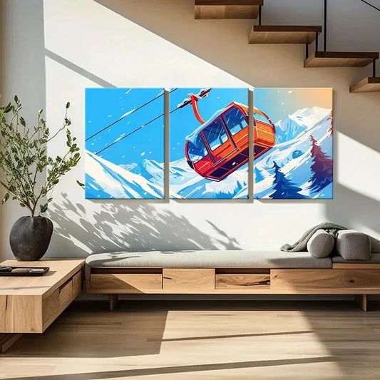 3pcs Snowy Mountains Cable Car Winter Landscape Metal Print Ready to Hang Art