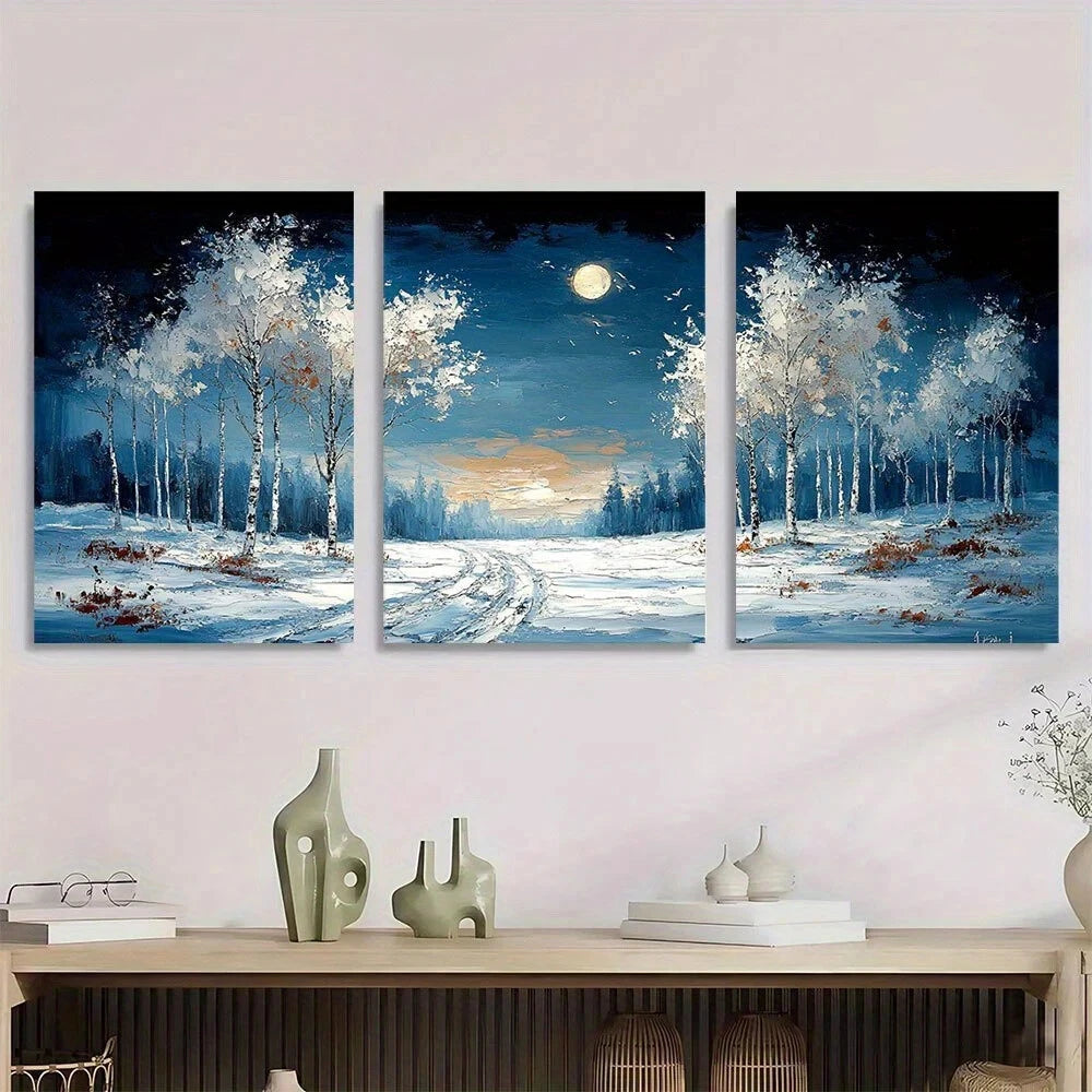 3pcs White Birch Trees & Snowy Forest Scene Metal Print Ready to Hang Art