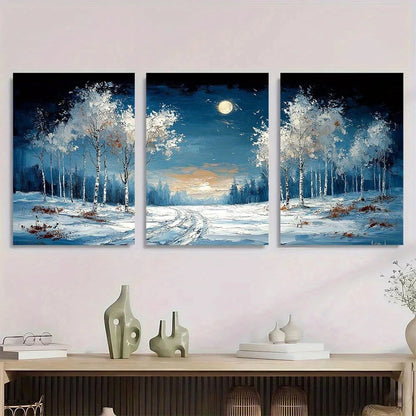 3pcs White Birch Trees & Snowy Forest Scene Metal Print Ready to Hang Art