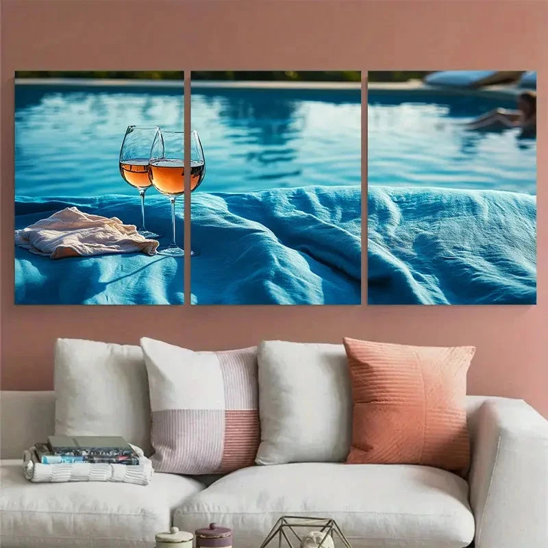 3pcs Wine o clock ski Wine & Bedsheet Pool Wall Art Set Canvas Framed 50x70cm - High Quality Print 100% Australian Made Wall Canvas Ready to Hang