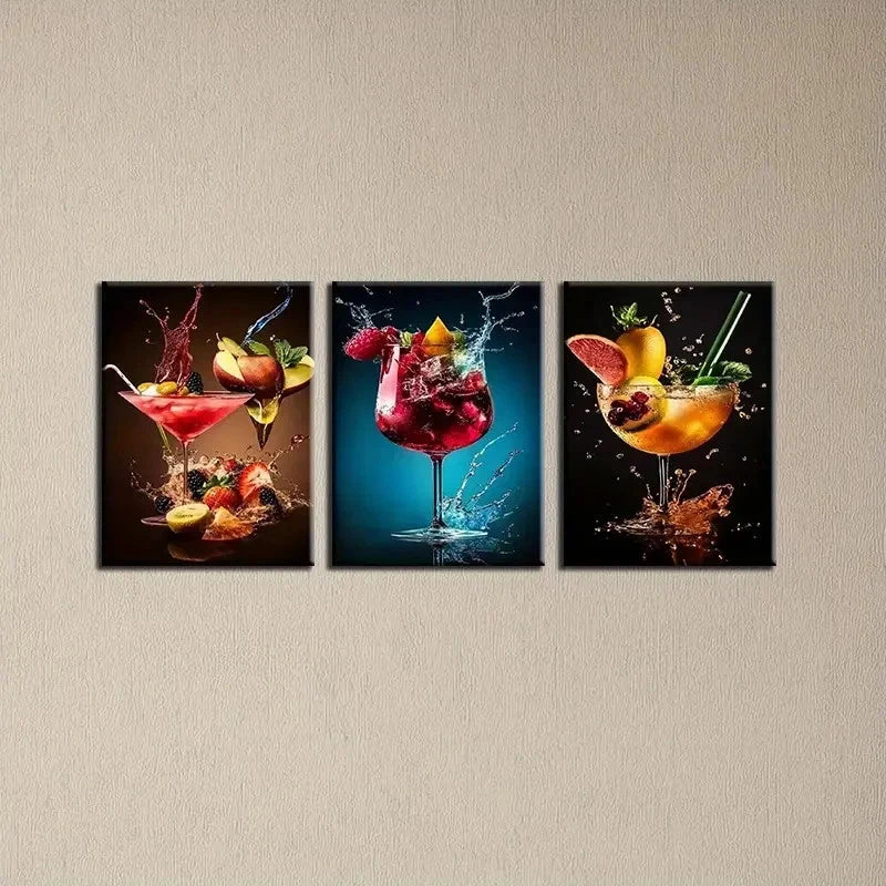 3pcs Vibrant Cocktail Classic Style Metal Print Ready to Hang Art