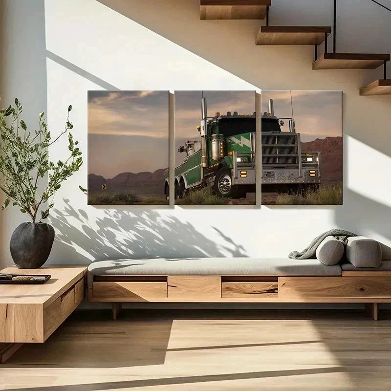 3pcs Green Truck Vehicle Modern Decor Wall Art Set Canvas Framed 40x60cm - High Quality Print 100% Australian Made Wall Canvas Ready to Hang