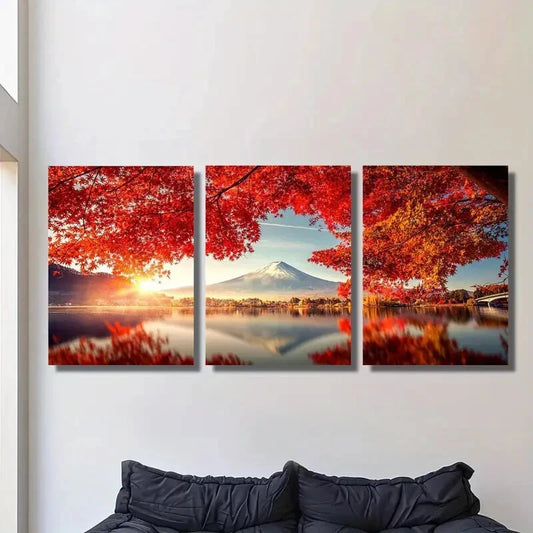 3pcs Autumn Mount Fuji Landscape with Maple Leaves Metal Print Ready to Hang Art