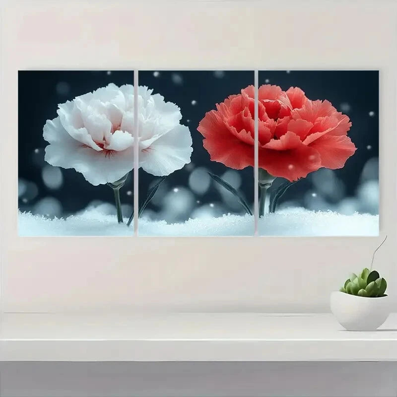 3pcs Snowy Carnation Red & White Flowers Metal Print Ready to Hang Art