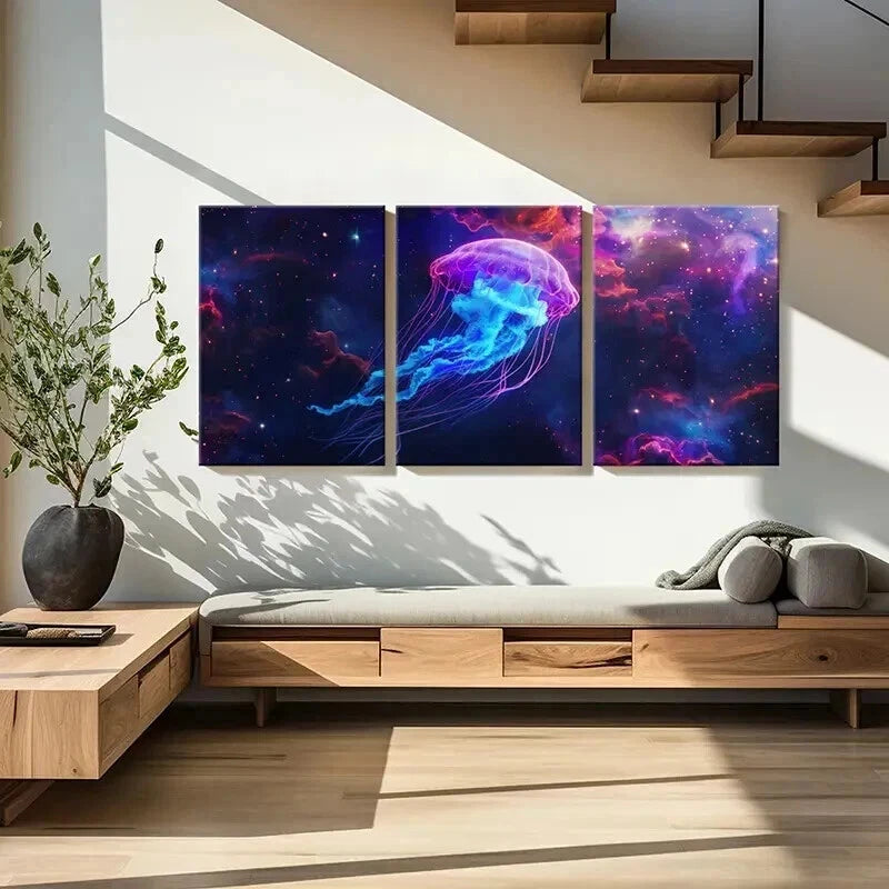 3pcs Vibrant Neon Jellyfish & Cosmic Wall Art Set Canvas Framed 40x60cm - High Quality Print 100% Australian Made Wall Canvas Ready to Hang