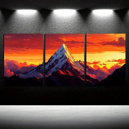 3pcs The Mountain Peak at Sunset Metal Print Ready to Hang Art
