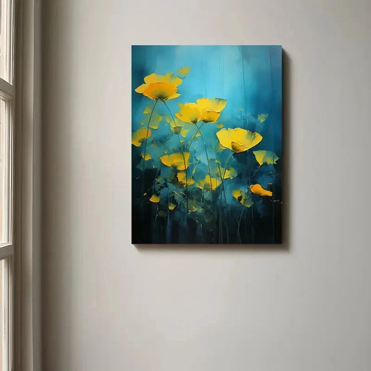 Beautiful Vibrant Floral Abstract Golden Painting 40x60cm Metal Print Ready to Hang
