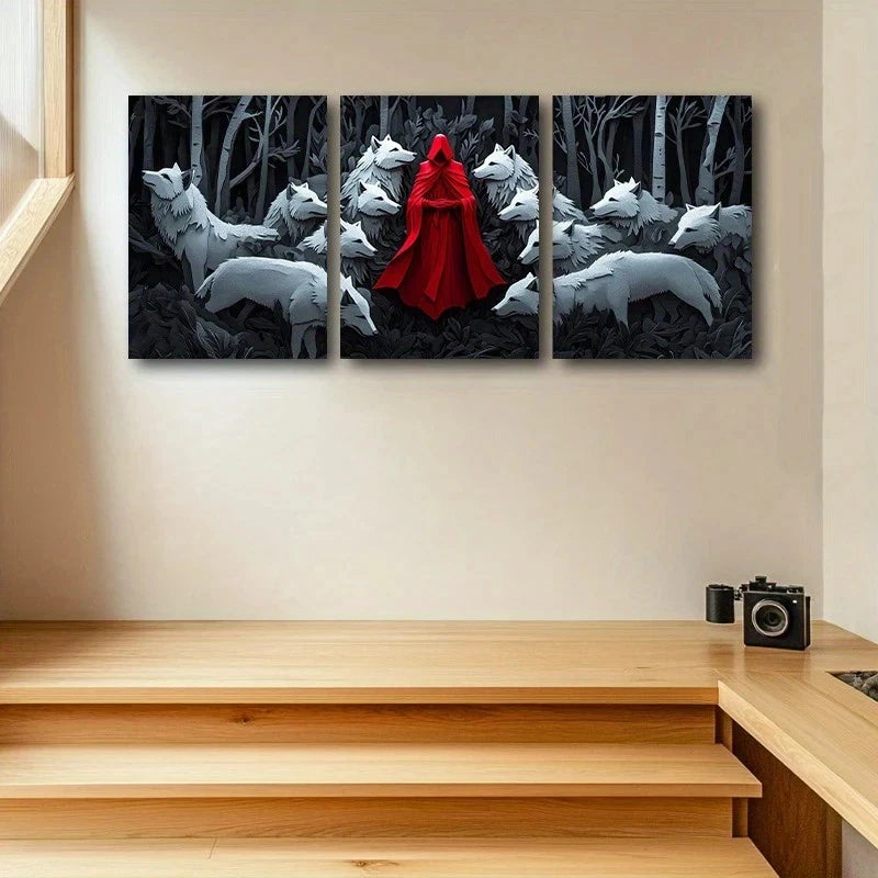 3pcs White Wolves Surrounding Red Figure Metal Print Ready to Hang Art