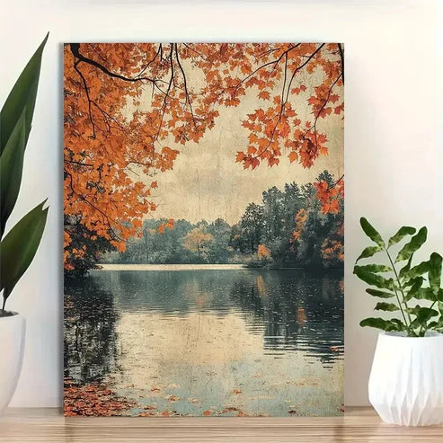 Beautiful Foliage Serene Lake Scene Painting 60x90cm Metal Print Ready to Hang