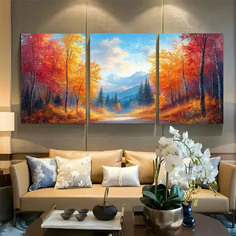 3pcs Autumn Forest Landscape with Blue Sky Metal Print Ready to Hang Art