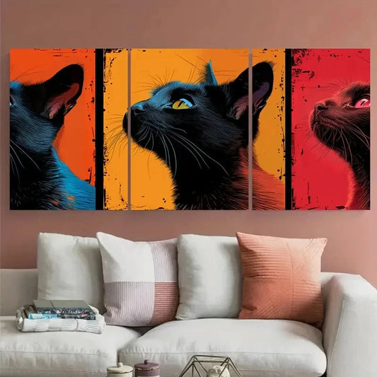 3pcs Vibrant Comic Book Style Black Cat Metal Print Ready to Hang Art