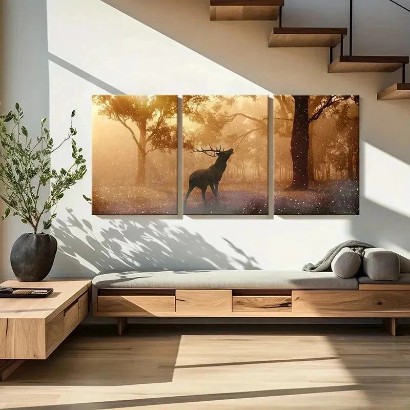 3pcs Sunlight Shining Into The Forest & Elk Wall Art Set Canvas Framed 40x60cm - High Quality Print 100% Australian Made Wall Canvas Ready to Hang