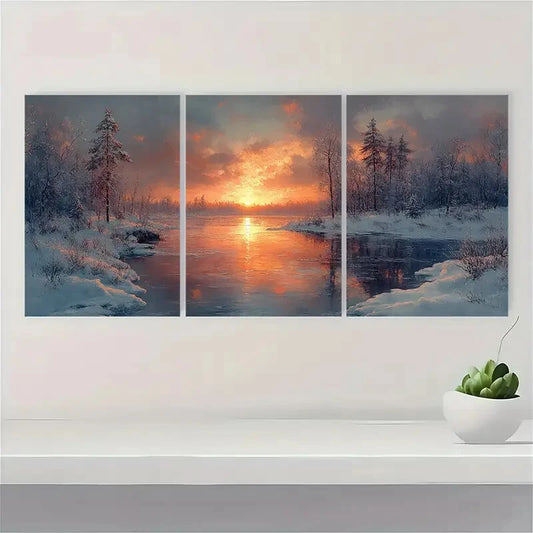3pcs Frozen Lake Sunset Landscape Painting Metal Print Ready to Hang Art
