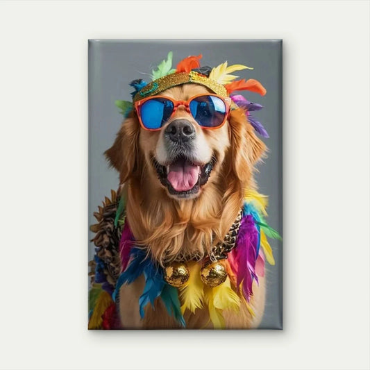 Colorful Golden Retriever Dog in Glasses Metal Print Ready to Hang