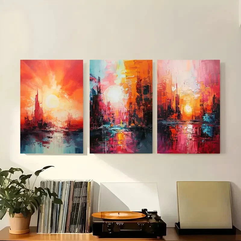 3pcs Abstract Colorful Sunset Cityscape Metal Print Ready to Hang Art