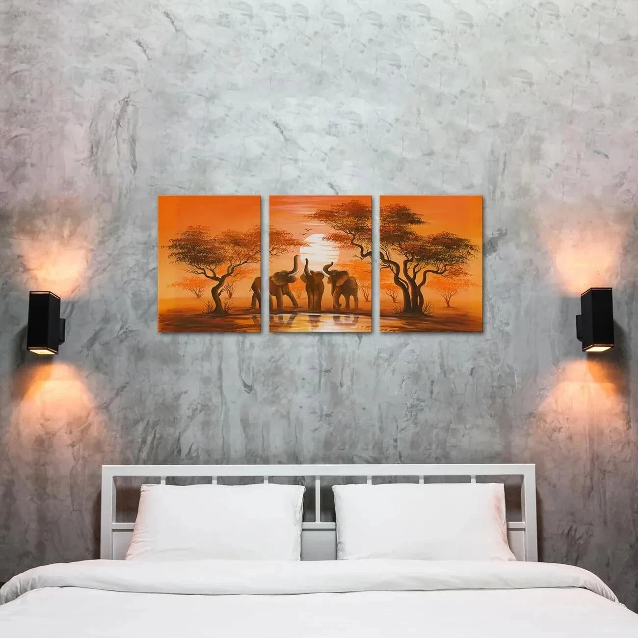 3pcs Vintage African Elephant Sunset Forest Metal Print Ready to Hang Art