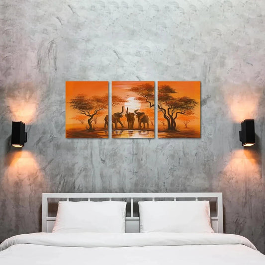 3pcs Vintage African Elephant Sunset Forest Metal Print Ready to Hang Art