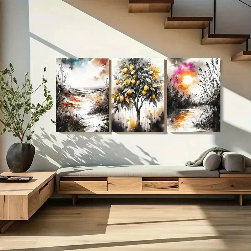 3pcs Abstract Lemon Tree Boho Nature Landscape Metal Print Ready to Hang Art