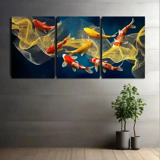 3pcs Golden and Red Koi Fish in Dark Water Metal Print Ready to Hang Art