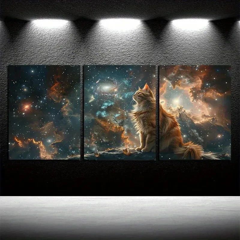 3pcs Whimsical Cat Space Themed Design Metal Print Ready to Hang Art